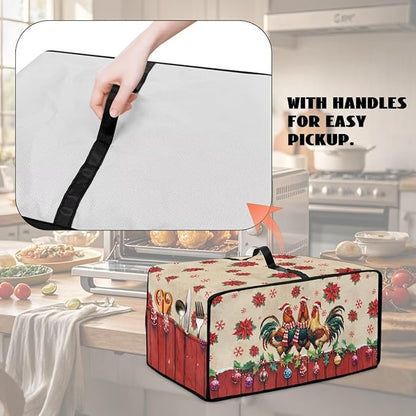 Christmas Toaster Oven Dust Cover with Storage Pockets, Protective Decorative Smart Oven Cover for for Kitchen Countertop, L, 18.5 x 22.5 x 13 Inches, Rooster Chicken Poinsettia Red Beige