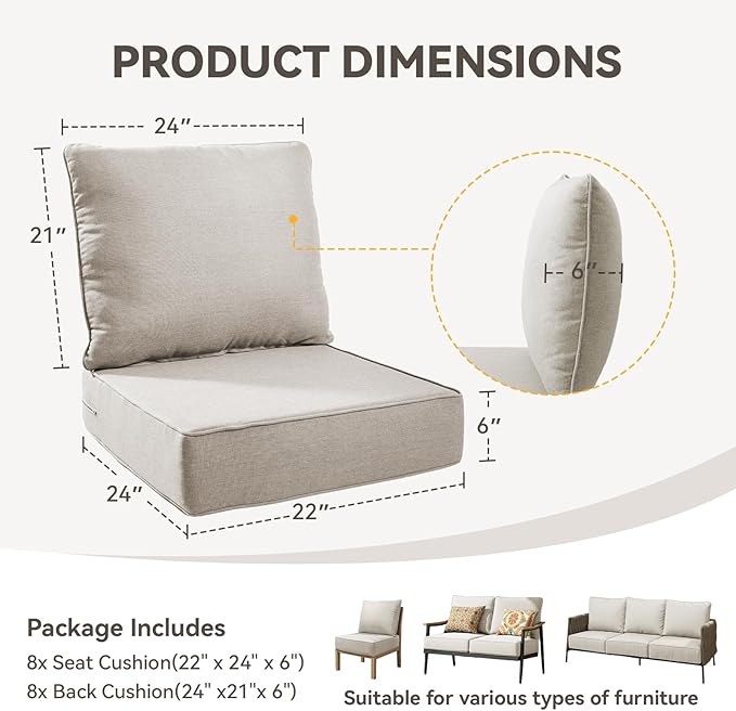 Outdoor Cushion Set for Furniture Patio Furniture, UV Resistant, Water Resistant - 6 Inch Thick Foam Garden Cushions – 22x24 Inch Patio Seat Covers for Chair/Sofa/Couch | Beige | 8-Pack |