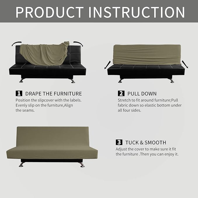 Easy-Going Stretch Futon Slipcover Armless Futon Bed Cover Furniture Protector Without Armrests with Elastic Bottom for Kids, Soft Jacquard Fabric Small Checks (Large, Khaki)
