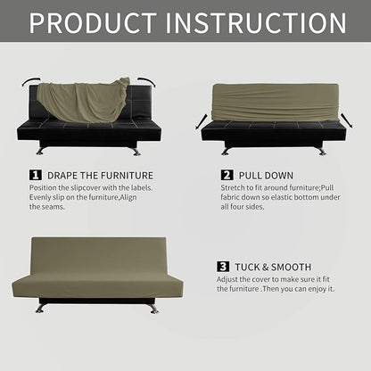 Easy-Going Stretch Futon Slipcover Armless Futon Bed Cover Furniture Protector Without Armrests with Elastic Bottom for Kids, Soft Jacquard Fabric Small Checks (Large, Khaki)