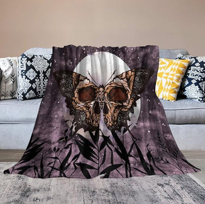 Death Moth Blanket, Boho Gothic Skull Moth Purple Starry Plant Full Moon Mysterious Witchy Throw Blanket for Couch Sofa Office Bed Travelling Bed Throws, 60"x80"