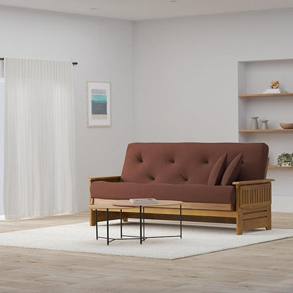 Nirvana Futons Brentwood Tray Arm Futon Sofabed Set - Full Frame, 8" Microfiber Fudge Mattress, Heritage Finish