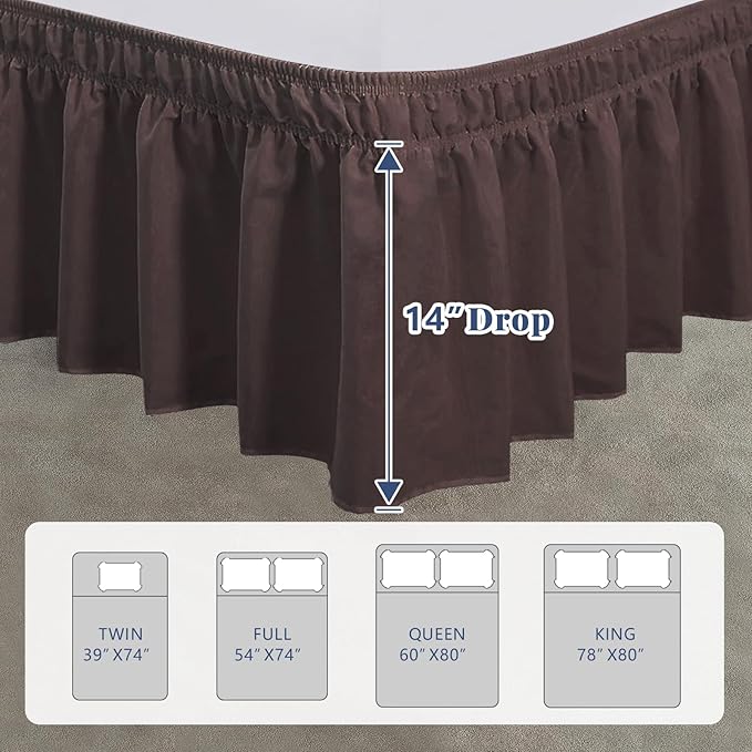 Queen Bed Skirt, Elastic Wrap Around Bed Skirt Queen Size, Bed Skirts for Adjustable Bed, Easy Fit with 14" Drop Length Tailored Drop Dust Ruffle (Brwon)