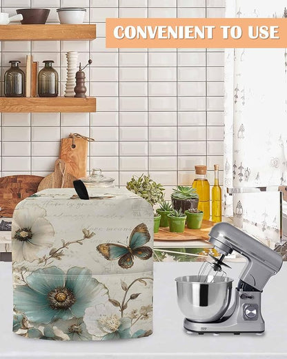 Spring Flowers Stand Mixer Dust Cover with Storage Pocket & Handles, Fits All Tilt Head & Bowl Lift Botanical Butterfly Kitchen Appliance Cover Organizer Vintage Farmhouse Bag Accessories, 6-8 Quart