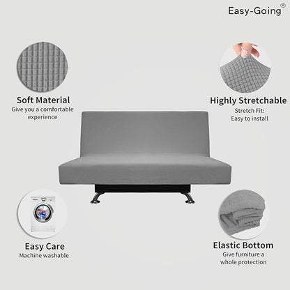Easy-Going Stretch Futon Slipcover Armless Futon Bed Cover Furniture Protector Without Armrests with Elastic Bottom for Kids, Soft Jacquard Fabric Small Checks (Medium, Light Gray)