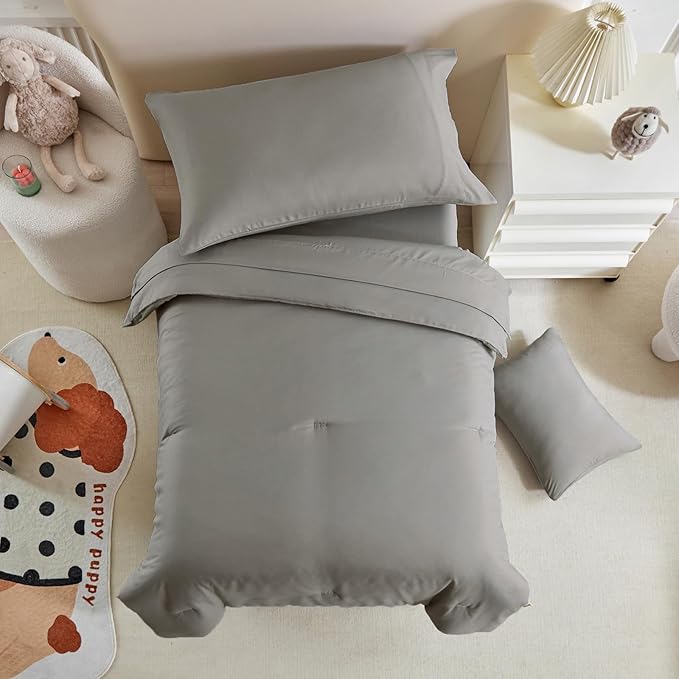 Toddler Bedding Set - 5 Piece Soft and Breathable Toddler Bed Set for Boys and Girls, Includes Quilted Comforter, Fitted Sheet, Flat Top Sheet, Standard Pillowcase and Toddler Pillowcase, Dark Gray