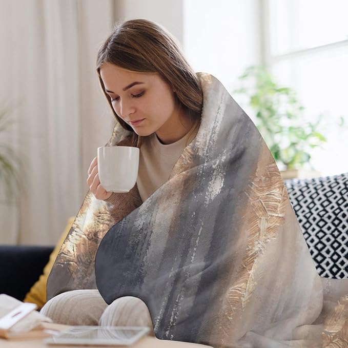 Abstract Gradient Blanket, Modern Fashion Baroque Gold Grey Painting Strokes Pattern Soft Warm Cozy Plush Flannel Covers for Livingroom Bedroom Couch Chair Camping Travel Home Decor Tapestry 50x60in