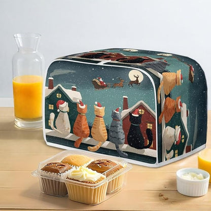 Christmas Cat Printed Toaster Oven Cover for Home 4 Slice Toaster Cover Dirt and Fingerprint Protection Decorative Kitchen Accessories, Blue