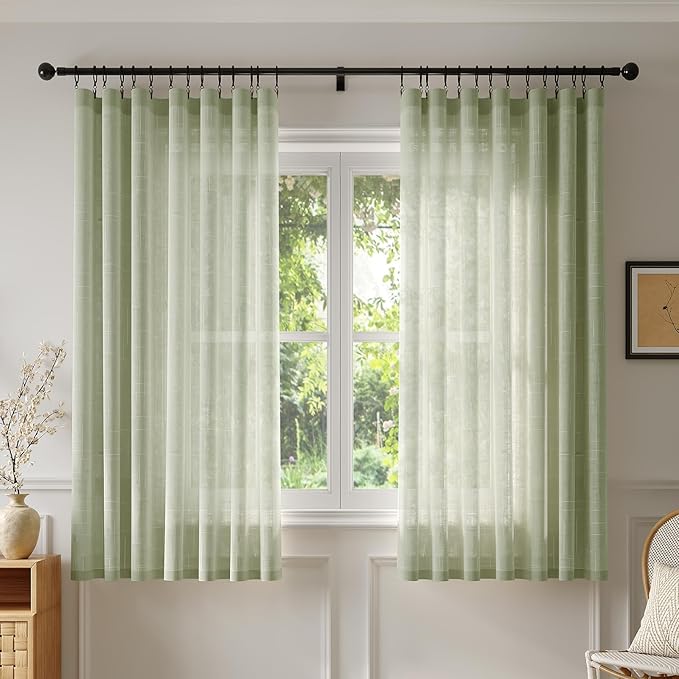 Anmao Natural Linen Curtains for Living Room 54 Inch Length 2 Panels Set, Light Filtering Semi Sheer Window Curtain Drapes for Bedroom with Curtain Rings and Clips, 52Wx54L, Sage Green
