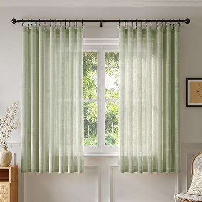 Anmao Natural Linen Curtains for Living Room 45 Inch Length 2 Panels Set, Light Filtering Semi Sheer Window Curtain Drapes for Bedroom with Curtain Rings and Clips, 52Wx45L, Sage Green