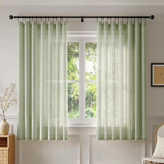 Anmao Natural Linen Curtains for Living Room 45 Inch Length 2 Panels Set, Light Filtering Semi Sheer Window Curtain Drapes for Bedroom with Curtain Rings and Clips, 52Wx45L, Sage Green