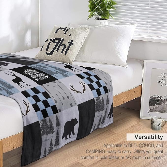 Bear Cabin Plaid Blanket, Rustic Retro Bear Deer Patchwork Gray Blue Farmhouse Throw Blanket for Couch Bed Living Room, 60"x80"