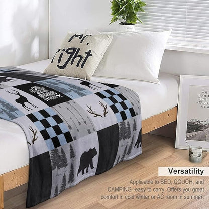 Bear Cabin Plaid Blanket, Rustic Retro Bear Deer Patchwork Gray Blue Farmhouse Throw Blanket for Couch Bed Living Room, 60"x80"
