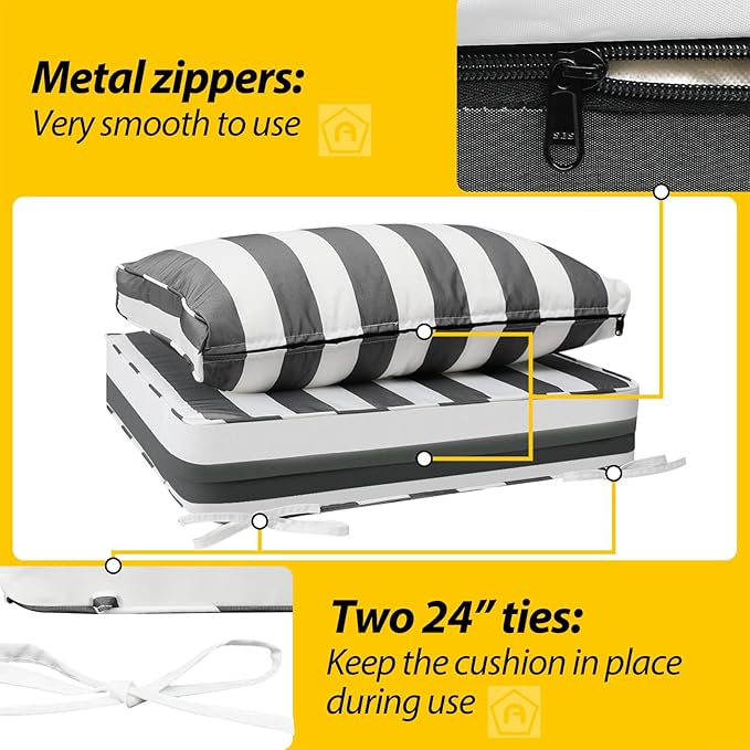 AAAAAcessories Outdoor Deep Seat Cushions, Waterproof, Fade-Resistant Patio Furniture Replacement Cushions, 23.5" x 25.5" x 5" + 23.5" x 13.5", Gray Cabana Stripe
