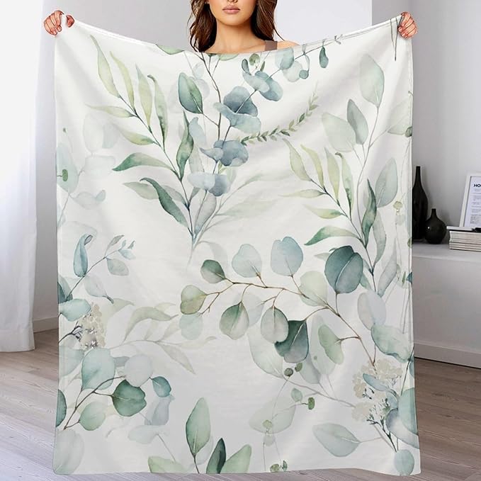 Eucalyptus Leaf Throw Blanket, Watercolor Floral Spring Botanical Green Plants Herb Print Cozy Plush Blanket for Bedroom Living Rooms Sofa Couch, 60"x80"