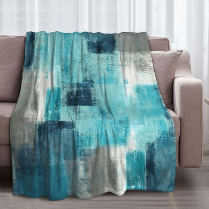 LOKMU Throw Blanket, Teal and Grey Abstract Art Ultra-Soft Cozy Flannel Blankets, Fuzzy Plush Lightweight Modern Blanket for Couch Sofa Bedding Home Decor, 80" L x 60" W