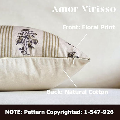 Amor Virisso Floral Throw Pillow Covers 18x18 Set of 2 Block Print Pillow Covers Neutral Floral Striped Farmhouse Decorative Pillow Covers for Sofa Couch Bed, Yellow