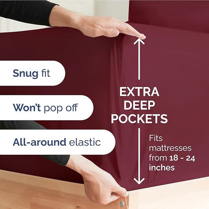 Extra Deep Pocket Twin Sheets - 3 Piece Breathable & Cooling Bed Sheets - Hotel Luxury Bed Sheet Set - Soft, Wrinkle Free & Comfy - Easily Fits Extra Deep Mattresses - Deep Pocket Burgundy Sheets Set