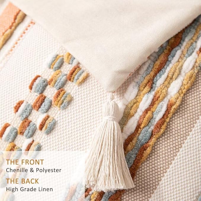 Boho Throw Pillow Covers 18x18 Set of 2 Woven Tufted Farmhouse Pillows Cover with Tassels Textured Striped Cushion Case Neutral Pillow Cases Decorative Pillowcase for Sofa Couch Bed,Orange