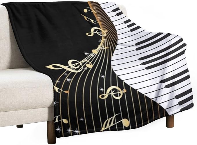 Music Note Blanket Black White Piano Keys Gold Music Note Soft Cozy Lightweight Throw Blanket for Kids Girls Boys Bedroom Living Room Dorm Chair Sofa Travel 40x50in