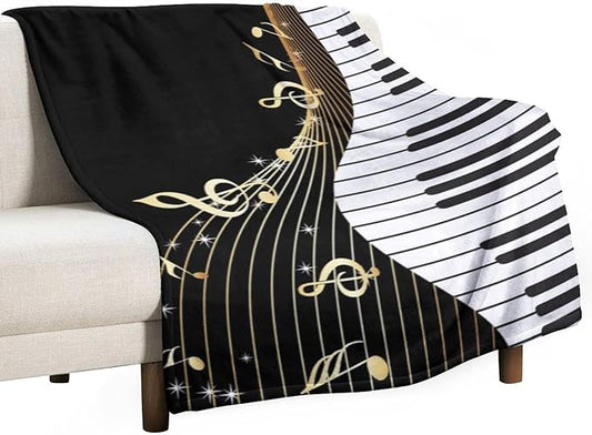 Music Note Blanket Black White Piano Keys Gold Music Note Soft Cozy Lightweight Throw Blanket for Kids Girls Boys Bedroom Living Room Dorm Chair Sofa Travel 40x50in