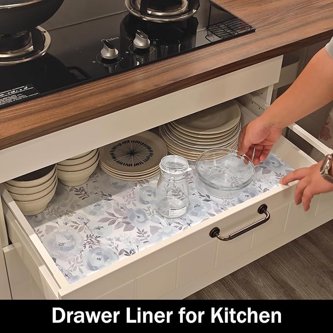 Blue Peony Shelf and Drawer Liner for Kitchen,Non-Adhesive and Strong Non-Slip Floral Cabinet Drawer Liners for Kitchen Shelf, Waterproof Cupboard Liners,Easy to Clean,12IN x 10FT