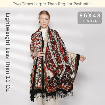 DANA XU 100% Merino Wool Pashmina Shawl for Women 96"x43", Oversized Cashmere Wrap with Tassels, Floral Travel Blanket Cape