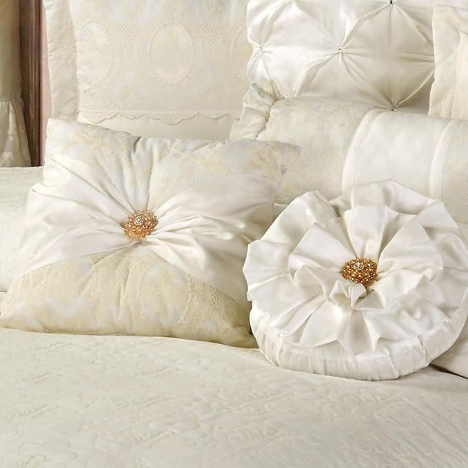 Cameo Lace Luxury Washable Polyester Bedding Set | Vintage Elegant | Pearl | Scroll Leaf Floral Cameo Quilting Embroidered | Set of Five: Full Bedspread, Two Standard Shams, Square and Round Pillows