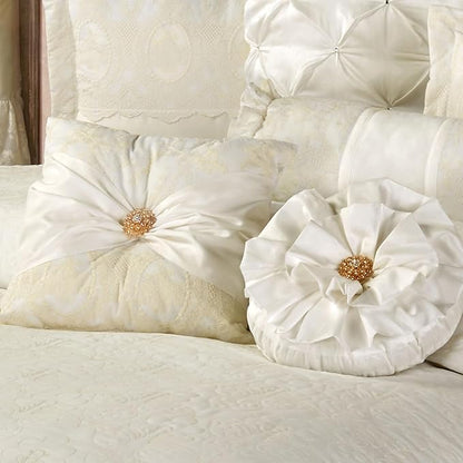 Cameo Lace Luxury Washable Polyester Bedding | Vintage | Pearl Scroll Leaf Quilting | Set of Nine: Cal King Bedspread, 2 King Shams, 2 European Pillows and 2 European Shams, Square and Round Pillows