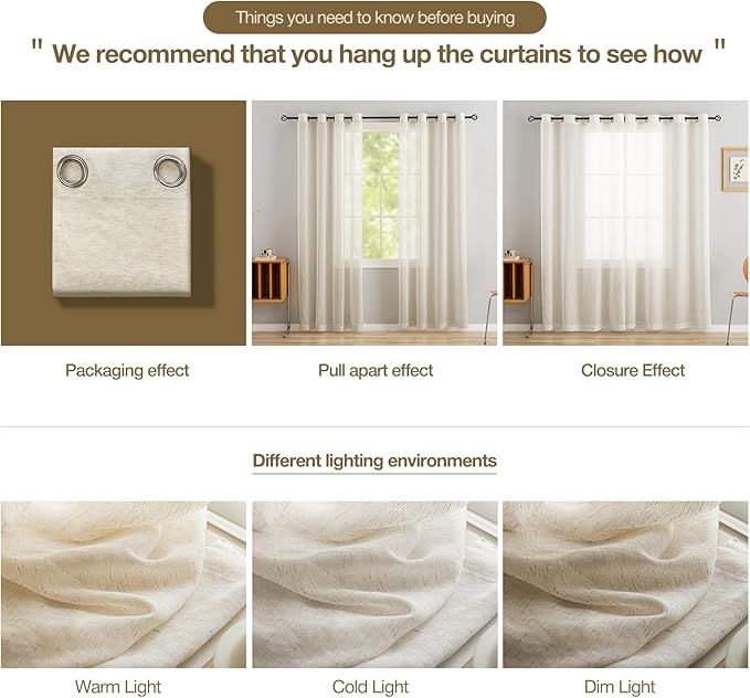 Anmao Flax Linen Curtains for Living Room 96 Inch Length 2 Panels Set, Light Filtering Sheer Window Curtain Drapes for Bedroom with Nickel Grommet, 52 Inch Wide Each Panel, Natural Color