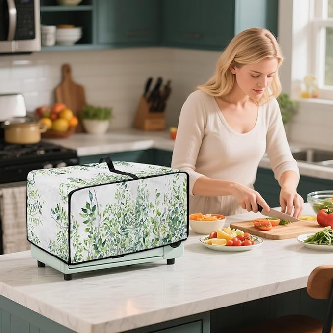 Toaster Oven Dust Cover with Storage Pockets, Dust-Proof Kitchen Appliance Protector for Small Appliances Convection Ovens, L, 18.5 x 22.5 x 13 Inches, Green Leaf White