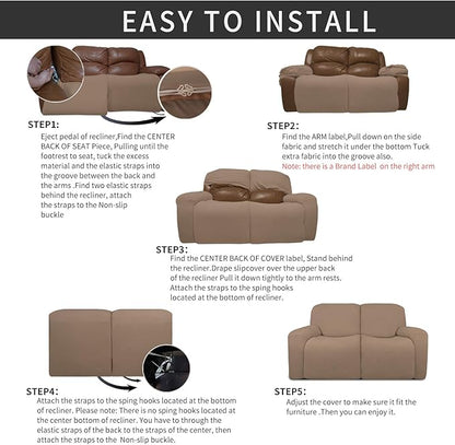 Easy-Going 6 Pieces Recliner Loveseat Stretch Sofa Slipcover Sofa Cover Furniture Protector Couch Soft with Elastic Bottom Kids, Spandex Jacquard Fabric Small Checks Camel