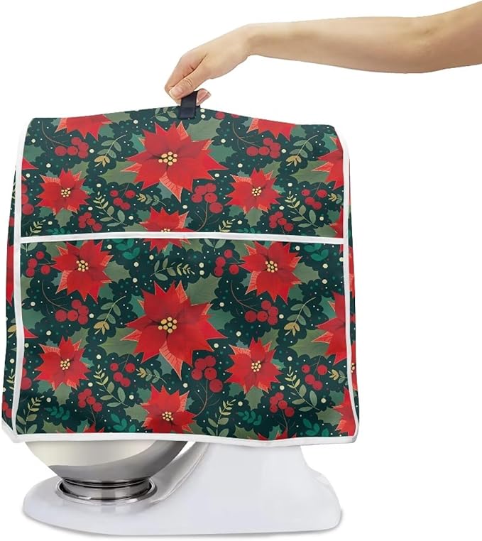 Christmas Stand Mixer Cover Dust Protective Poinsettia Stand Mixer Covers For Kitchen Aid 4.5-5 Quart Mixers Dustproof Cloth Cover for Small Appliance Protector Christmas Decoration