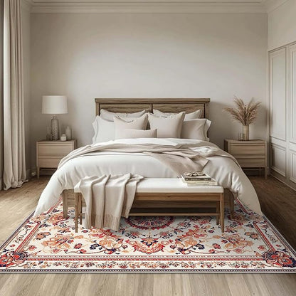 6x9 Traditional Oriental Area Rug Boho Orange White Rug Non Slip Low Pile Large Carpet for Home Kitchen Living Room Bedroom Dining Room Office