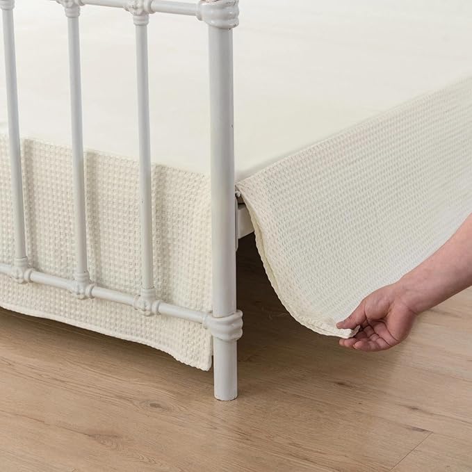 Bed Skirt King Size, Pleated Waffle Weave Bed Skirt with Split Corners, Ivory Tailored Dust Ruffle 12 Inch Drop Easy Fit, Machine Washable (12" King)