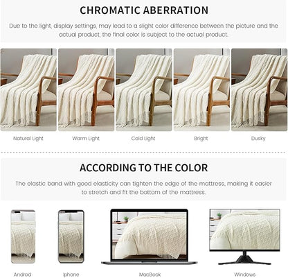 BOURINA White Throw Blanket 50 x70 Inches Jacquard Argyle Throw Textured Solid Soft Throws and Blankets for Sofa or Bed Knitted Decorative Blanket