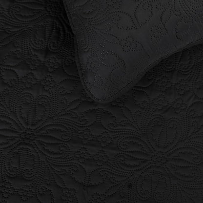 Easy-Going Full/Queen Size Reversible Quilt Set with 1 Quilt and 2 Pillow Shams, Soft Bed Quilt Cover, Water Resistant Lightweight Microfiber Bedspread, Stain Resistant, Damask-Black/Beige