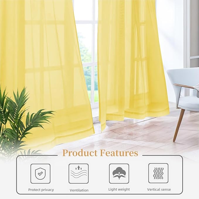 Sheer Curtains 54 Inches Long 2 Panels, Rod Pocket Short Curtain for Kitchen, Bedroom, Cafe Window(Yellow 38" W x 54" L)