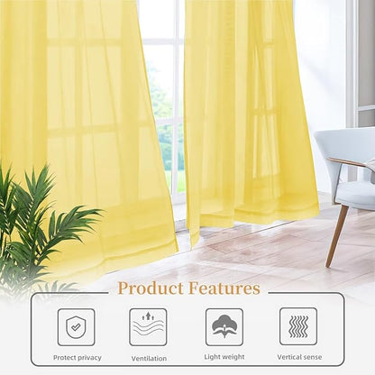 Sheer Curtains 54 Inches Long 2 Panels, Rod Pocket Short Curtain for Kitchen, Bedroom, Cafe Window(Yellow 38" W x 54" L)