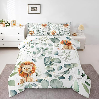 Erosebridal Cute Lion Bedding Twin Size for Kids Child Green Eucalyptus Comforter Set Twin, Woodland Animal Duvet Insert Plant Leaves Quilt Comforter, Cartoon Wildlife Bedding Comforters & Sets