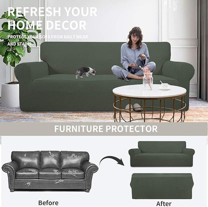 Easy-Going Stretch 4 Seater Sofa Slipcover 1-Piece Sofa Cover Furniture Protector Couch Soft with Elastic Bottom for Kids, Polyester Spandex Jacquard Fabric Small Checks Olive Green