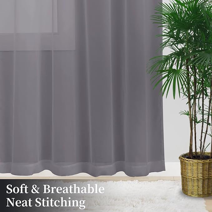 Sheer Curtains 84 Inches Long 2 Panels, Rod Pocket Short Curtain for Kitchen, Bedroom, Cafe Window(Grey 38" W x 84" L)
