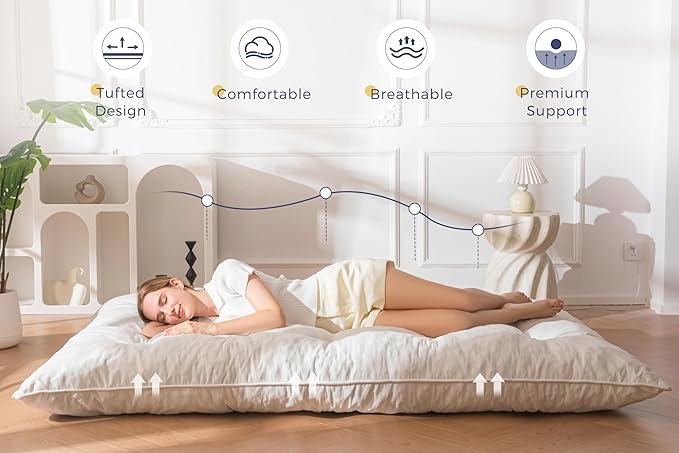 MAXYOYO Japanese Floor Mattress Queen Size, 6" Foldable Futon Mattress Tufted Roll Up Floor Bed, Thick Chenille Tatami Mat Sleeping Pad for Camping Guest Room Dormitory Bedroom RV, Beige