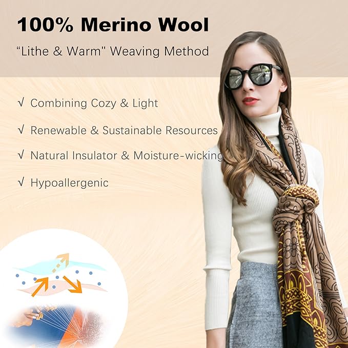 DANA XU 100% Merino Wool Pashmina Shawl for Women 96"x43", Oversized Cashmere Wrap with Tassels, Floral Travel Blanket Cape