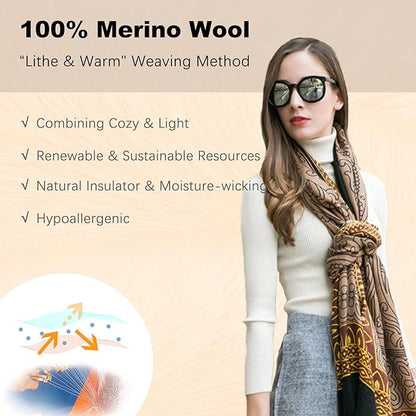DANA XU 100% Merino Wool Pashmina Shawl for Women 96"x43", Oversized Cashmere Wrap with Tassels, Floral Travel Blanket Cape