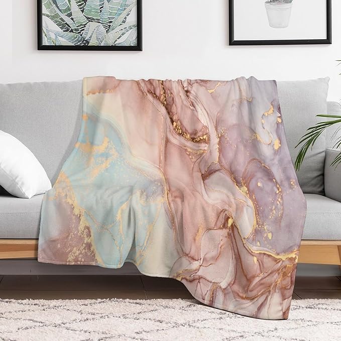 Abstract Marble Blanket, Modern Luxury Baroque Golden Pink Purple Stone Veins Pattern Soft Warm Cozy Plush Flannel Covers for Livingroom Bedroom Couch Chair Camping Travel Home Decor Tapestry 40x50in