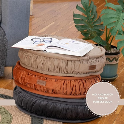 Round Floor Cushion, Floor Pillow Thick Floor Seating, Comfortable Supportive, Quilted Soft Booster Seat Pad for Yoga Meditation, Yoga Cushion, 56 cm 22 inch, Ibiza, Light Brown