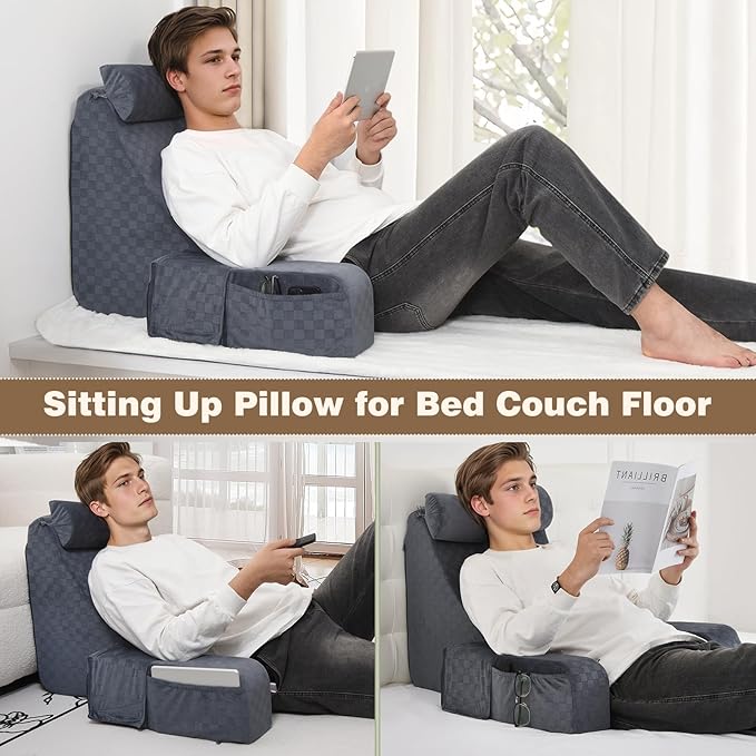 Vekkia 21" Large Reading Pillow with Adjustable Arms & Headrest – Wide Backrest Cushion for Adults with Extra-Large Pockets for Reading, TV, Gaming & Work, Recovery on Bed & Floor, 21"(Grace Grey)