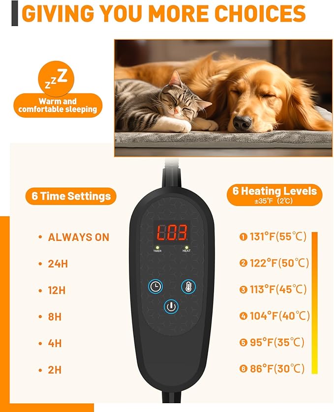 PETNF Pet Heating Pad Temperature Adjustment Cat Dog Heating Pad Anti-bite Puppy with Timer Indoor Waterproof Pet Warming Electric Heated Bed Mat Dog