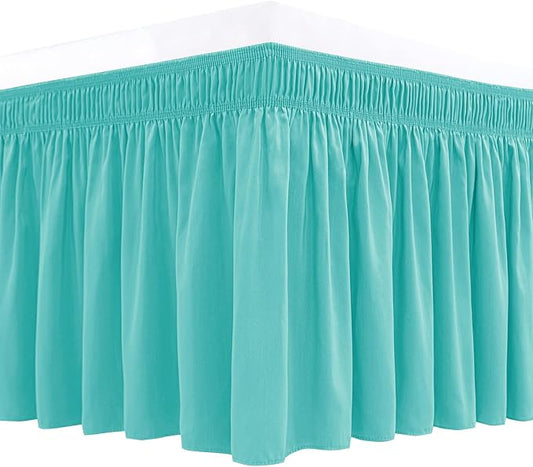 Biscaynebay Wrap Around Bed Skirts for King & Cal King Beds with Short Drop of 12", Aqua Adjustable Elastic Dust Ruffles Easy Fit Wrinkle Resistant Silky Luxurious Fabric Machine Washable